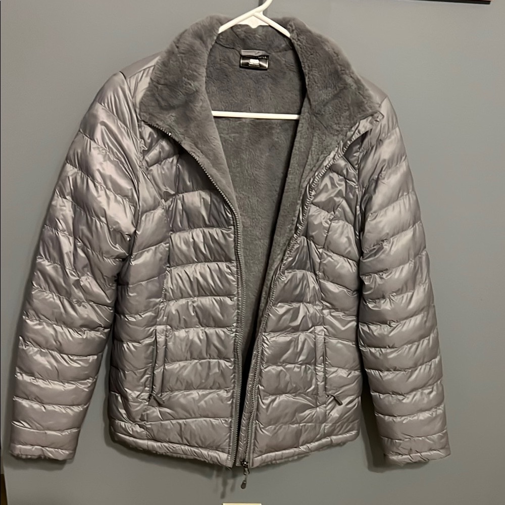 Silver Puffer Jacket with Faux Fur Lining